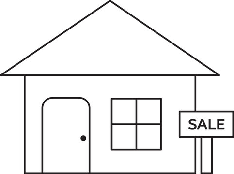 Simple Line Art Illustration of a House with a For Sale Sign, Ideal for Real Estate, Property Listings, and Housing Market Concepts