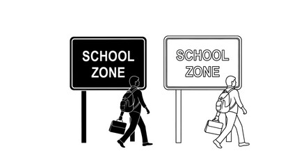Fototapeta premium Students walking through a school zone, depicted in contrasting black and white illustrations.