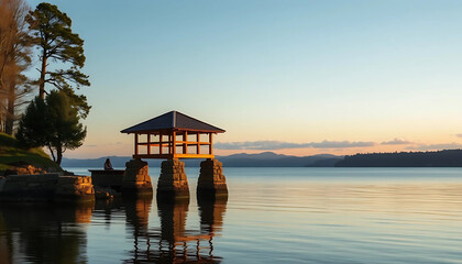 Fototapeta premium A boxy timber shelter hovering just above the water on stone piers, with reflections flickering across its base. 