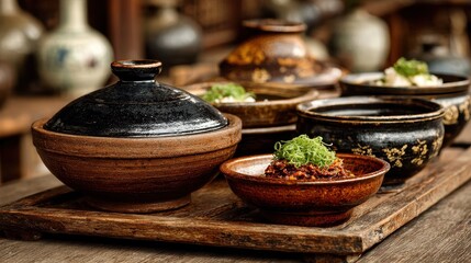 Fototapeta premium Rustic ceramic bowls food display on weathered wood surface, close