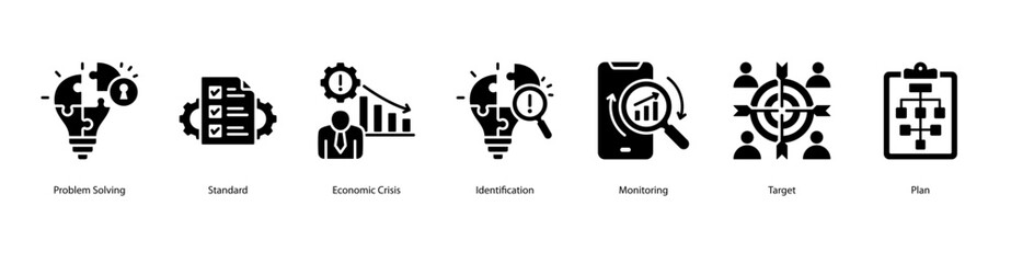 Problem Management web banner icon vector illustration showing Problem Solving, Standard, Economic Crisis, Identification, Monitoring, Target, and Plan.