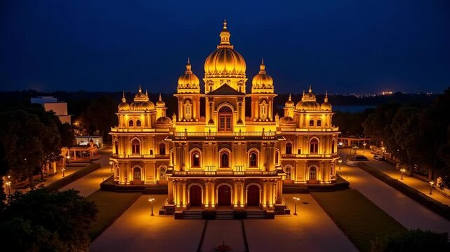 Stunning aerial view of illuminated Mysore Palace at night, vibrant lights and ornate domes create a magical spectacle in 4K video footage