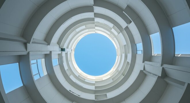 Abstract architectural spiral, looking up at a courtyard.  A modern building's inner structure - Powered by Adobe
