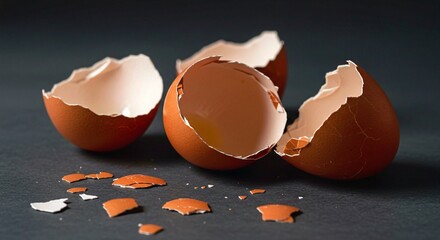 broken egg shell on white, Three broken brown eggshells on gray surface. Cracked shells evoke fragility, waste. New beginnings, the cycle of life, concept impermanence is visualized with egg fragments