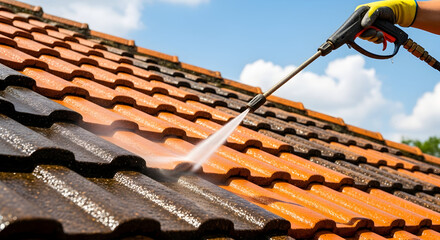 Expert pressure washing to repair roof tiles, demonstrating effective cleaning and home maintenance for residential property restoration.