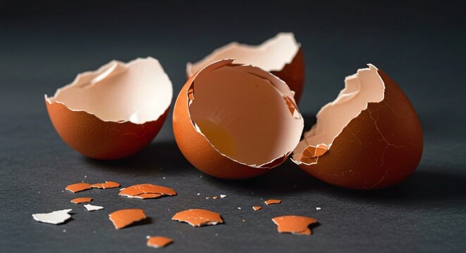 broken egg shell on white, Three broken brown eggshells on gray surface. Cracked shells evoke fragility, waste. New beginnings, the cycle of life, concept impermanence is visualized with egg fragments