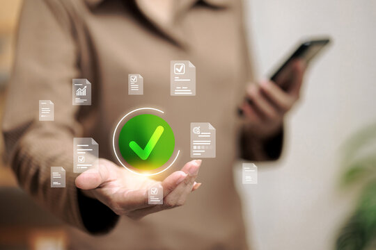 Document Approval System with Green Checkmark and Data Icons