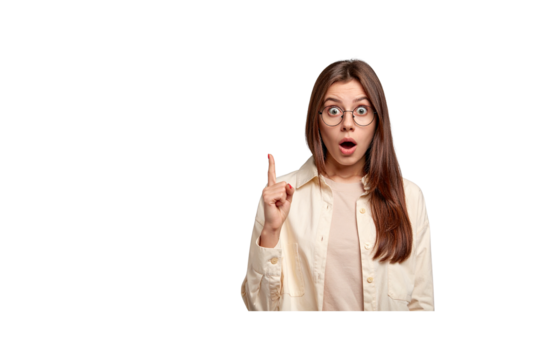 Surprised young woman wearing glasses pointing finger with open mouth isolated on transparent background