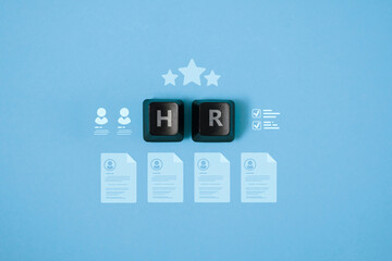 Human Resources Concept with Keyboard Buttons, CV Icons and Candidate Profiles