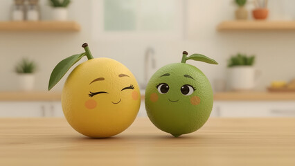 A charming illustration features a cheerful lemon and lime duo. The vibrant illustration of fresh fruit with cute expressions, set against a bright kitchen backdrop.