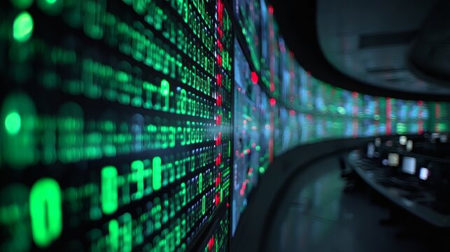 Large screen displaying various colorful digital data patterns