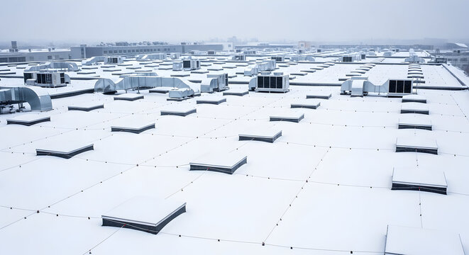Winter Rooftop Overview: Snow-Covered Industrial Building with HVAC Systems and Skylights for Repair Roof Maintenance