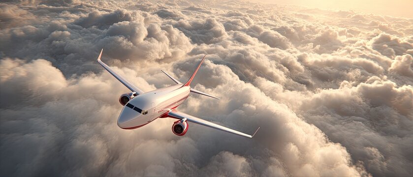 Airplane soaring through clouds at sunrise (1) - Powered by Adobe