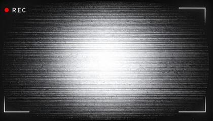 Retro CCTV or VHS video white noise background texture with red recording indicator.