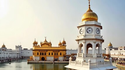 Breathtaking Aerial View of Golden Temple and White Clocktower in Amritsar India at Sunset, Glowing Dome, 4K Video Footage