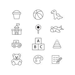 black and white vector icons of children's toys and activities including teddy bear, stacking rings, castle, paint palette and more on white background.