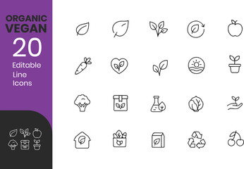 Organic Vegan Editable vector line Icons set	