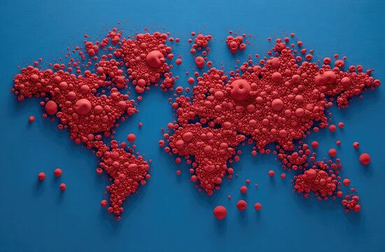 World map of clustered, red spheres - Powered by Adobe