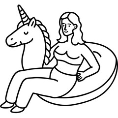 Whimsical line art of a woman floating with a unicorn