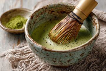 A bowl of green tea with a whisk in it
