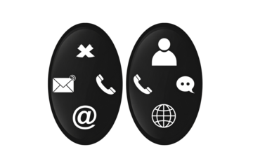 Two dark oval buttons with various communication icons isolated on transparent background