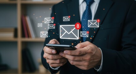 Business professional checking emails on smartphone with envelope icons. Modern office communication with unread message notification. Corporate worker managing digital correspondence.