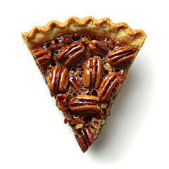 A slice of pecan pie with a golden crust and glossy caramel filling