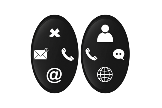 Two dark oval buttons with various communication icons isolated on transparent background
