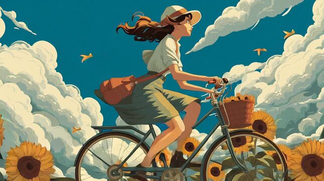 A girl riding a bicycle through a sunflower field, blue sky above, wind in her hair, nostalgic summer feeling