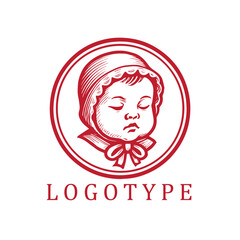 Retro-inspired round red and white badge logo featuring a baby’s face in a soft bonnet, blending vintage charm with minimalist elegance.