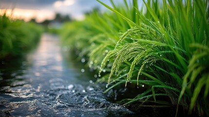 Fototapeta premium Water Flowing through Rice Paddy Field