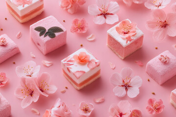 A pink background with a variety of pink desserts