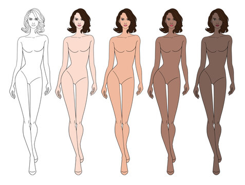 Colored skin tones fashion croquis figurines walking with curly short hair woman in vector.