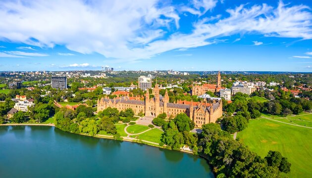 Panoramic view of a sprawling university campus, nestled beside a serene lake, bathed in bright sunlight - Powered by Adobe