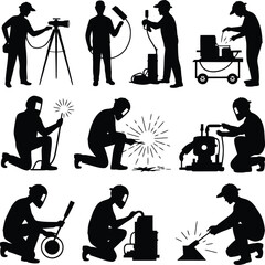 Welding and Industrial Worker Silhouette Vector Set – Construction, Tools, and Equipment Black Icons