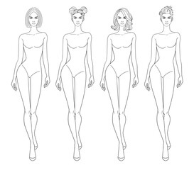 Fashion outline sketch croquis figurines female body walking with different hairs in vector.