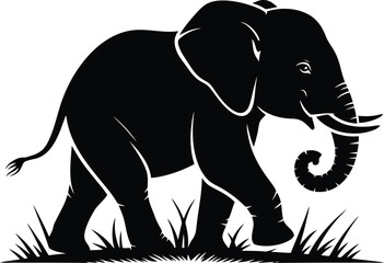 Elephant Silhouette Vector – Walking Elephant in Grassland Black and White Wildlife Illustration