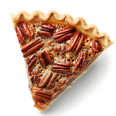 A slice of pecan pie with a golden crust and rich, nut-filled filling.