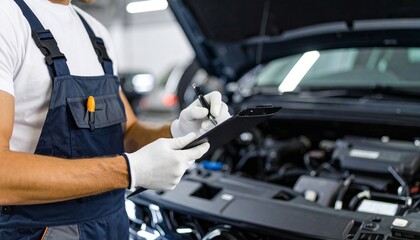 Auto mechanic in uniform holding clipboard, carefully inspecting car engine in a well-lit garage. Focused on diagnostics, service checklist, and professional maintenance in repair workshop