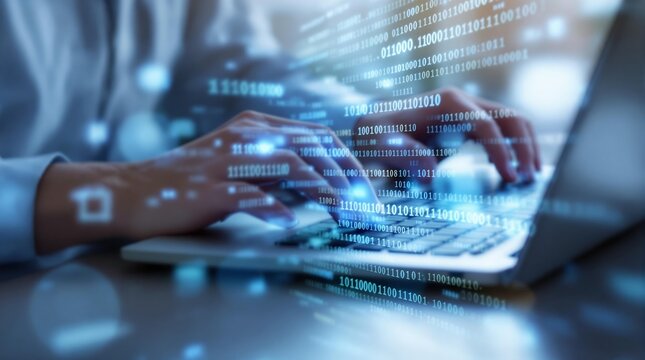 Close up of hands typing on a laptop with digital binary code overlayed on the image for emphasis