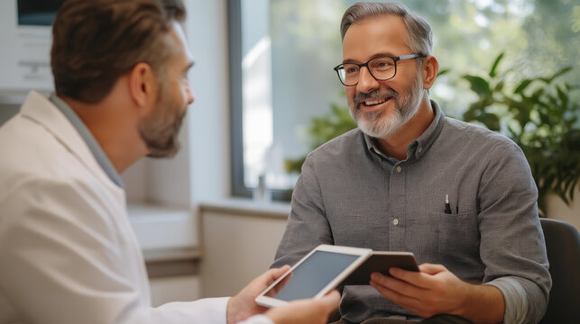 Doctor and male patient discussing results with tablet - Powered by Adobe