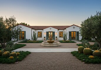 Elegant spanish colonial estate with courtyard fountain and desert landscaping