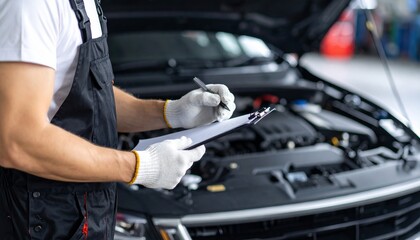 Auto mechanic in uniform holding clipboard, carefully inspecting car engine in a well-lit garage. Focused on diagnostics, service checklist, and professional maintenance in repair workshop