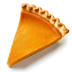 A slice of pumpkin pie with a golden-brown crust on a white background