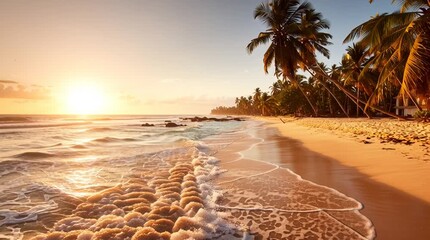 A glowing orange sunset over a calm beach, palm trees casting long shadows on golden sand, warm breeze atmosphere