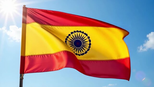 Vibrant Karnataka flag with yellow and red stripes flutters majestically against a clear blue sky with soft clouds, celebrating Indian heritage and pride.