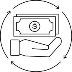 Dynamic Line Art Icon of a Hand Holding Money Encircled by Arrows, Representing Financial Transactions, Income Flow, and Economic Cycles