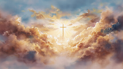 Elevation of the Holy Cross, watercolor painting of radiant golden cross with clouds opening above
