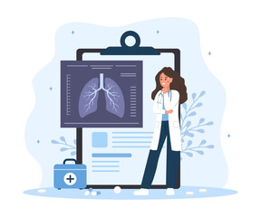 Pulmonology concept. Female doctor check X Ray scanning and fluorography. Health lungs check up. Vector illustration in flat cartoon style.