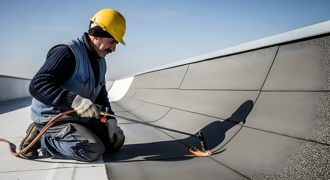 Professional Roofer Performing Skilled Repair Roof Work with a Blowtorch on a Building Rooftop. - Powered by Adobe